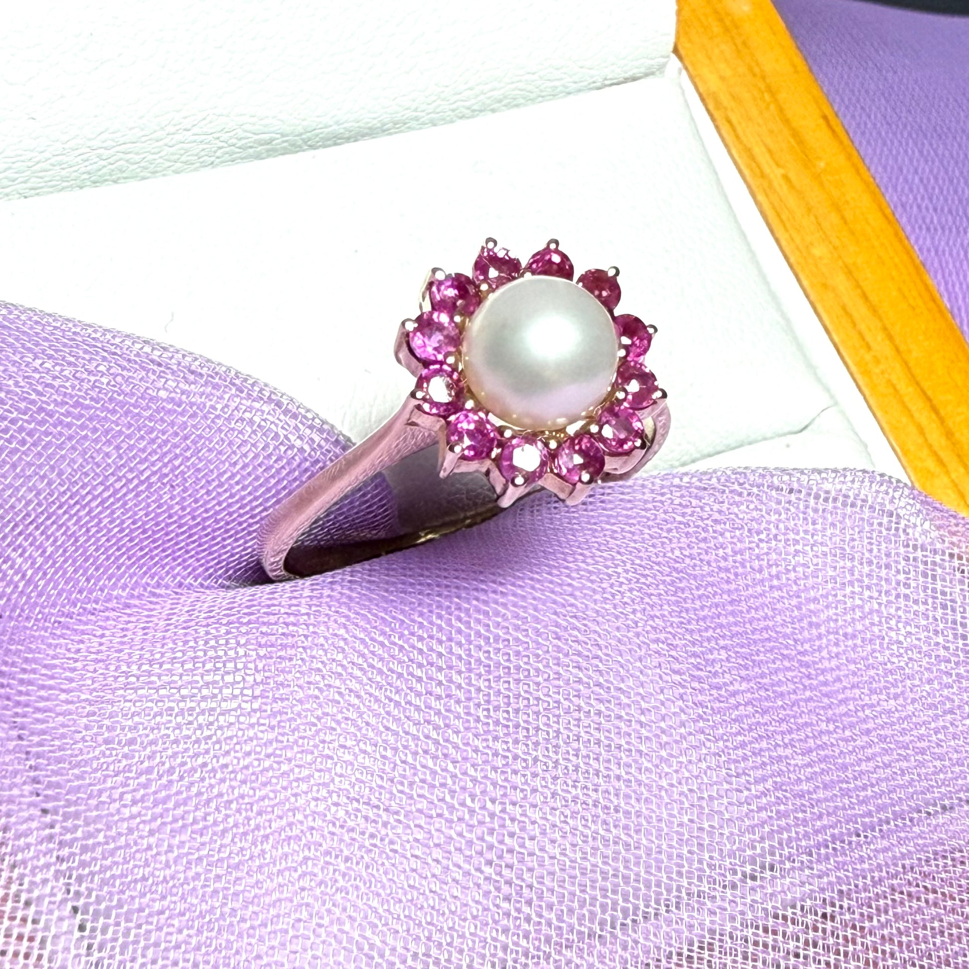 Cultured pearl and ruby yellow gold round cluster ring