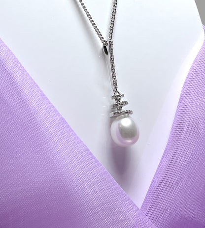 Cultured freshwater pearl sterling silver necklace long pendant