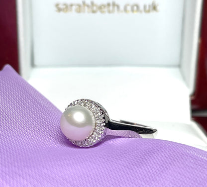 Cultured pearl and cubic zirconia round cluster ring sterling silver