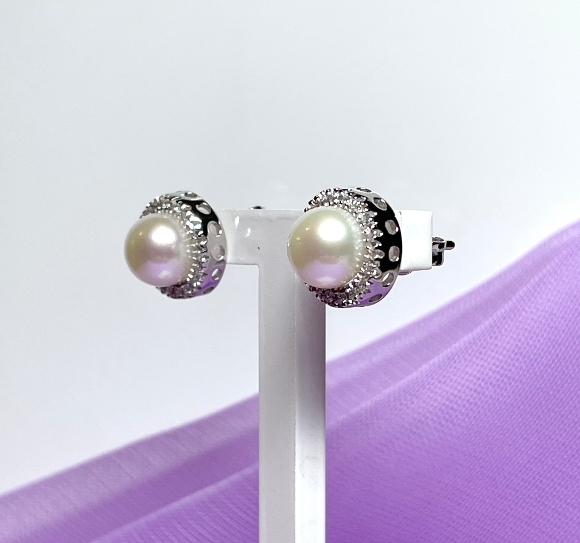 Cultured pearl and cubic zirconia round cluster stud earrings sterling silver