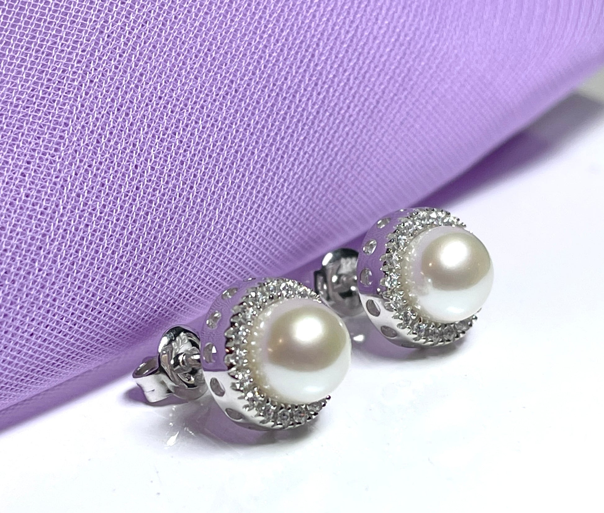 Cultured pearl and cubic zirconia round cluster stud earrings sterling silver