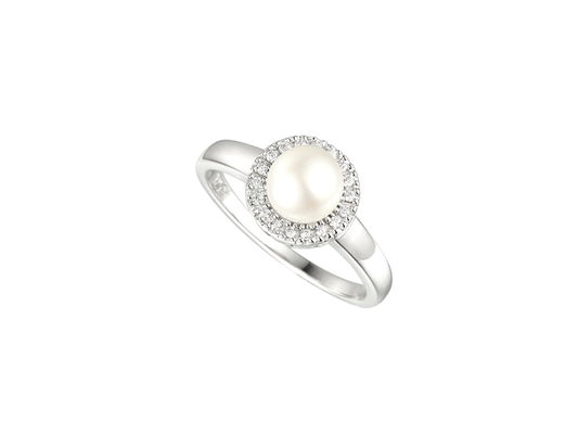 Cultured pearl and cubic zirconia round cluster ring sterling silver