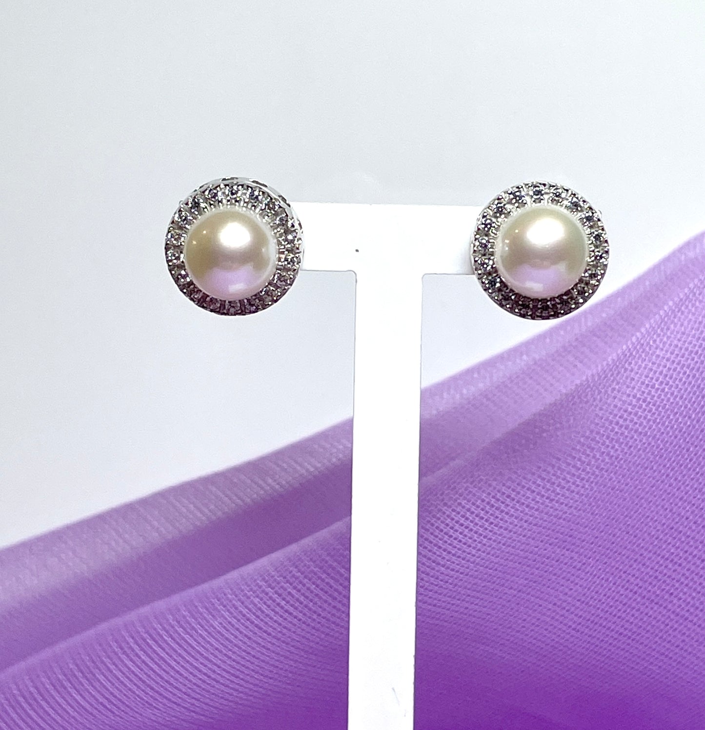 Cultured pearl and cubic zirconia round cluster stud earrings sterling silver