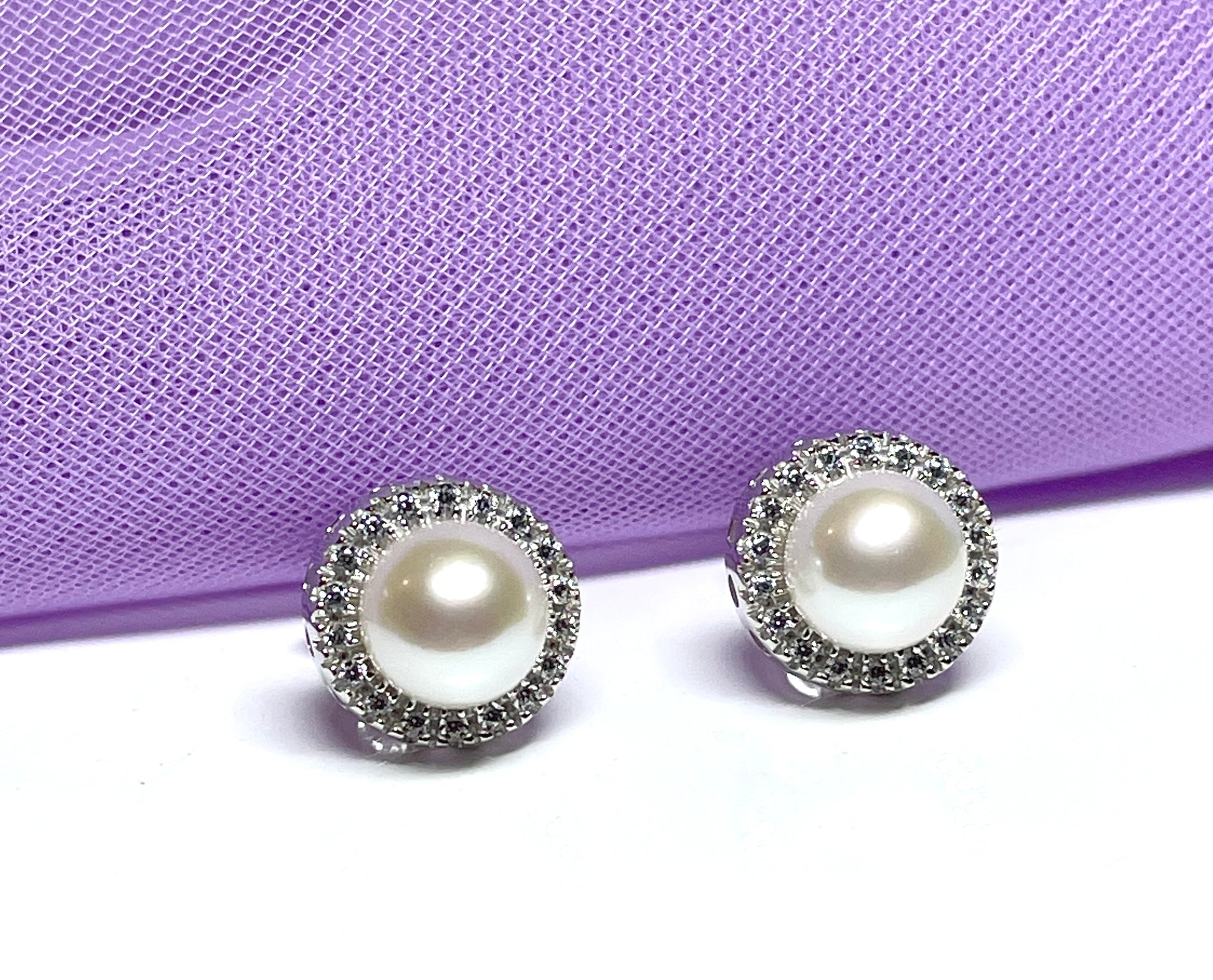 Cultured pearl and cubic zirconia round cluster stud earrings sterling silver