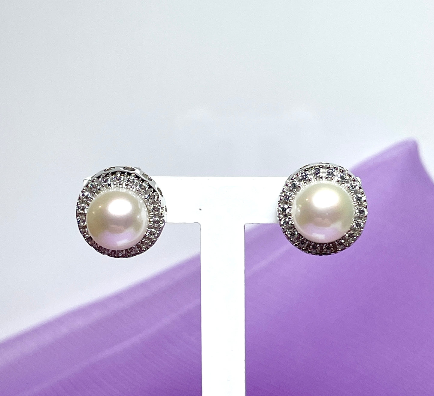 Cultured pearl and cubic zirconia round cluster stud earrings sterling silver