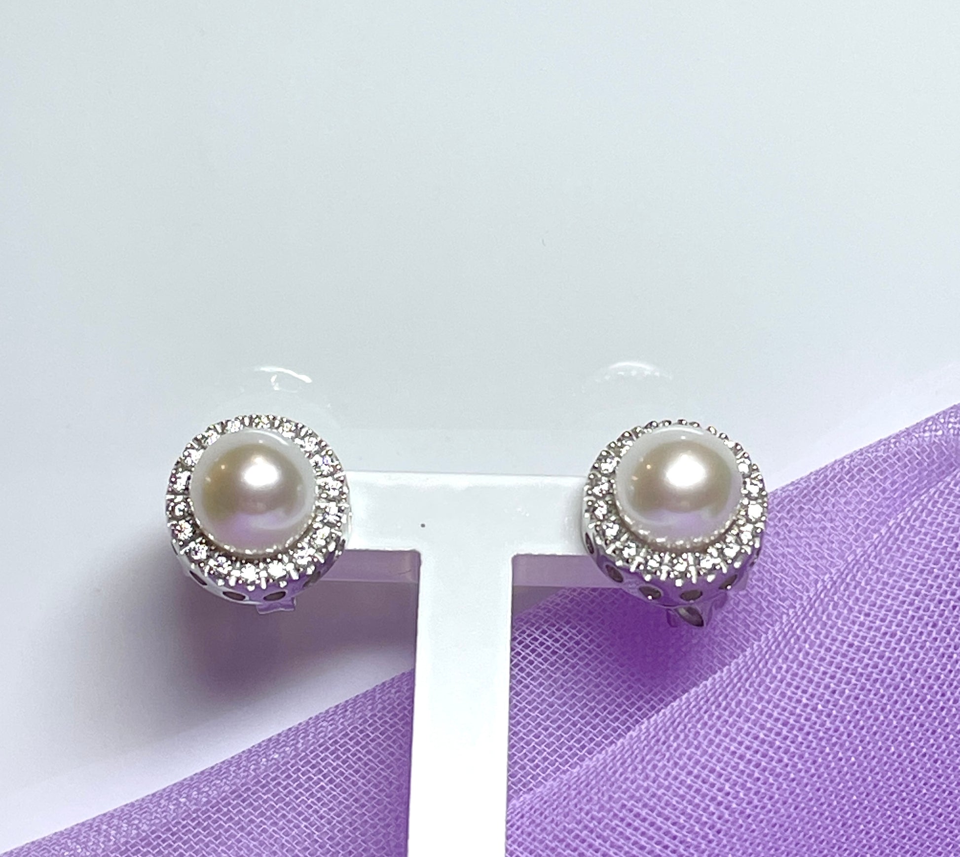 Cultured pearl and cubic zirconia round cluster stud earrings sterling silver