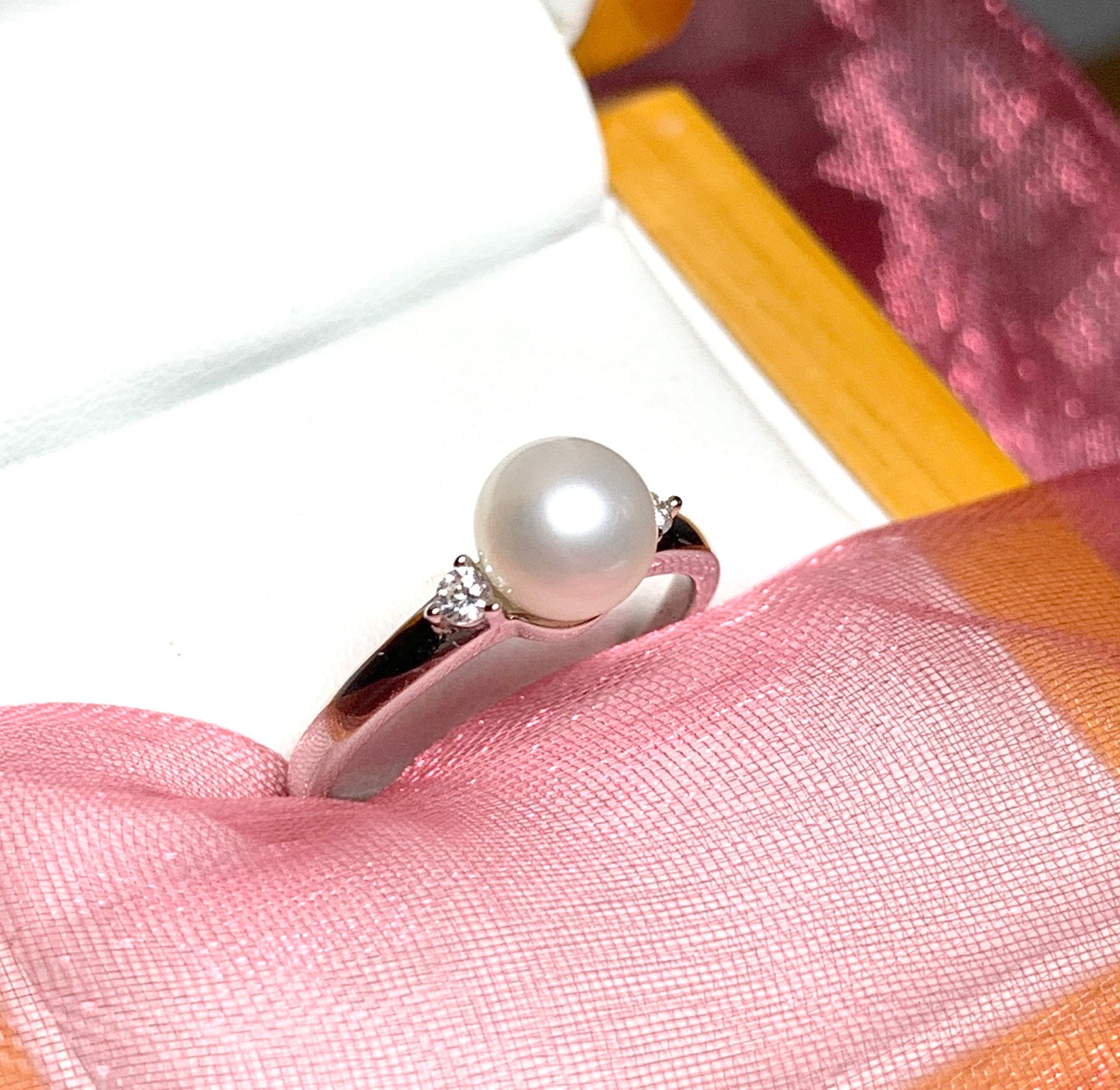 Real cultured pearl and cubic zirconia round dress trilogy ring sterling silver