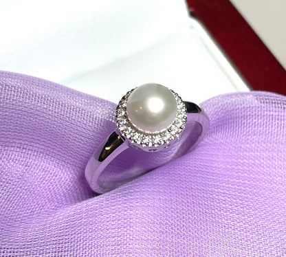 Cultured pearl and cubic zirconia round cluster ring sterling silver