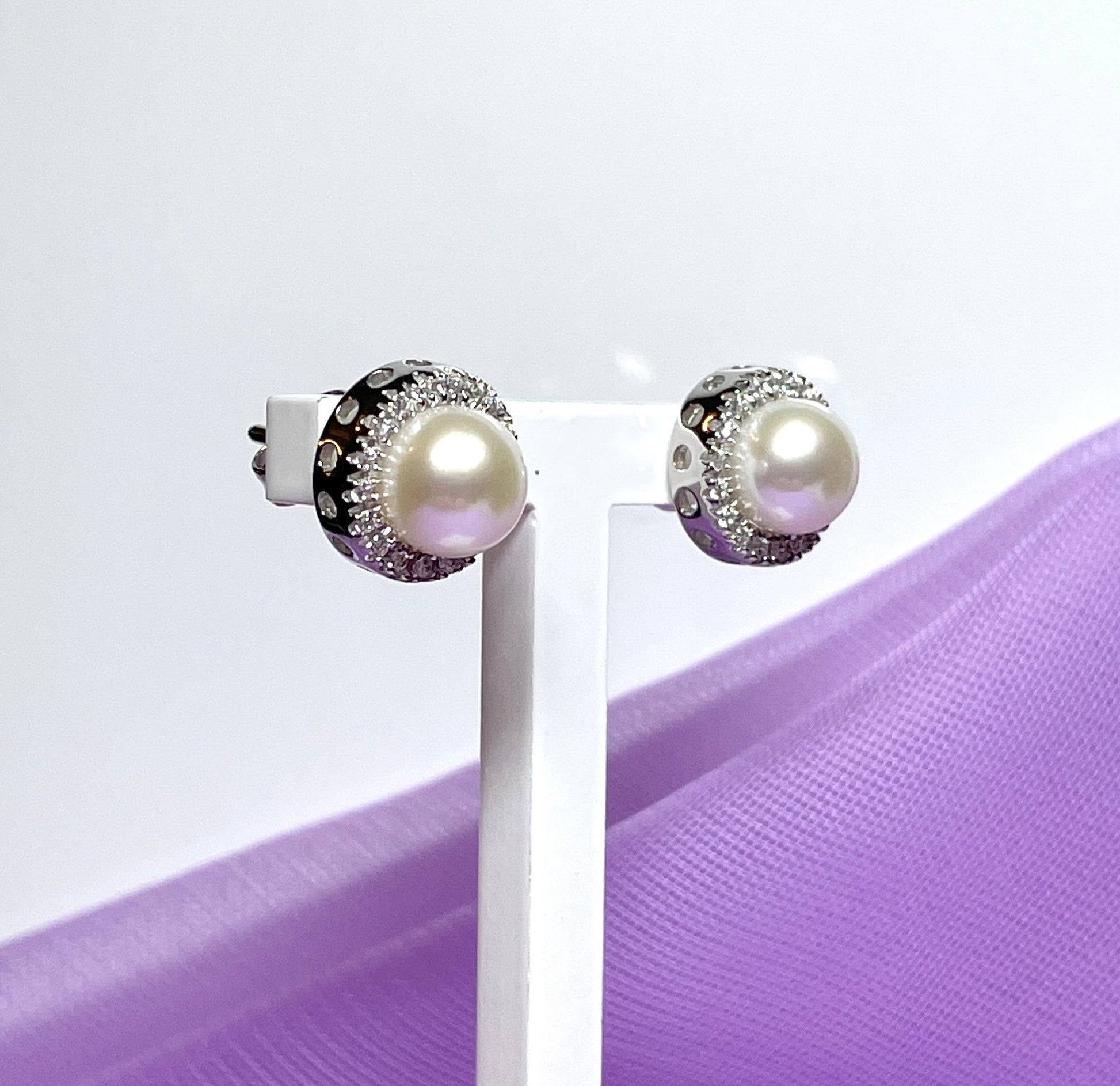 Cultured pearl and cubic zirconia round cluster stud earrings sterling silver