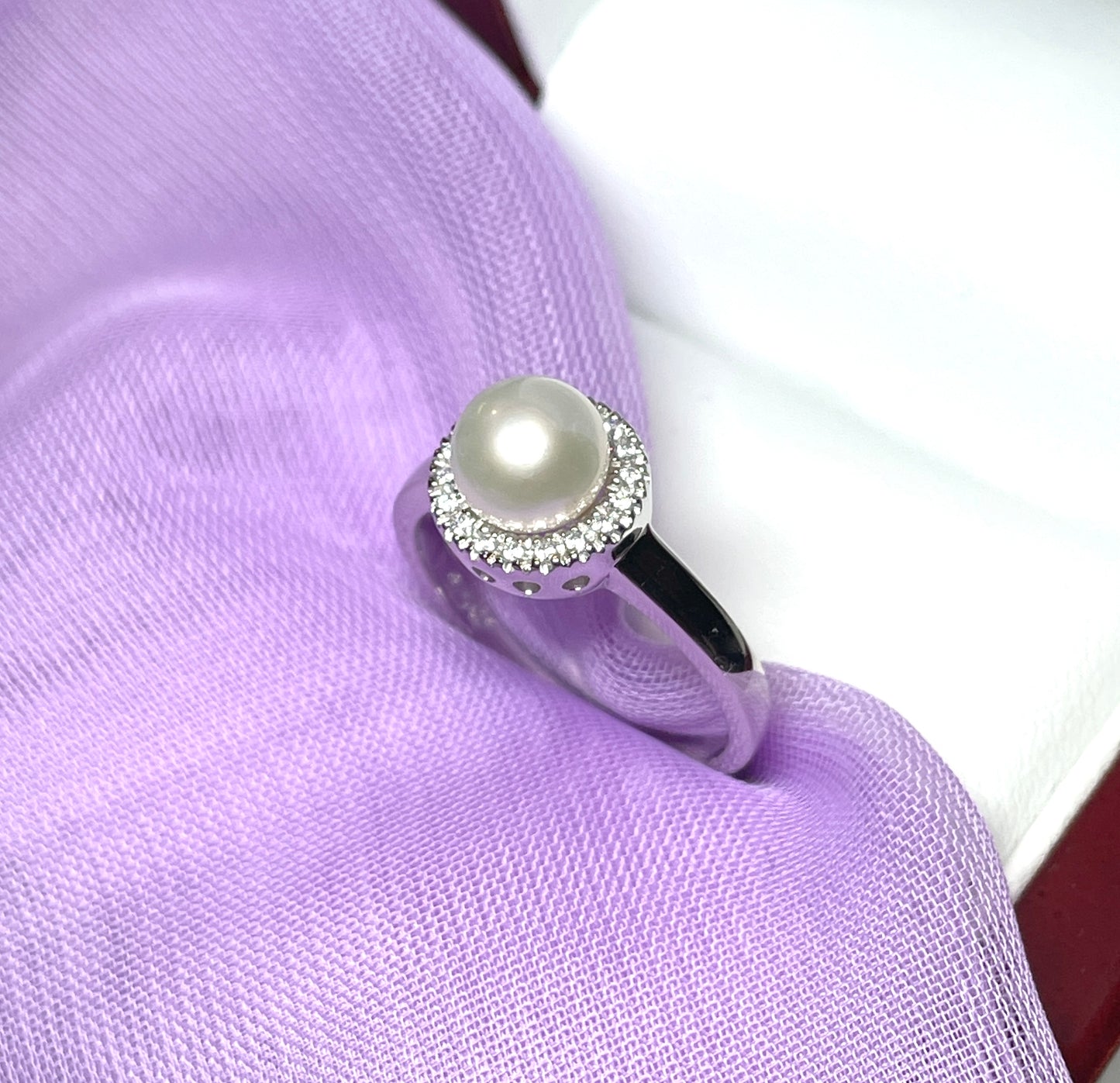 Cultured pearl and cubic zirconia round cluster ring sterling silver