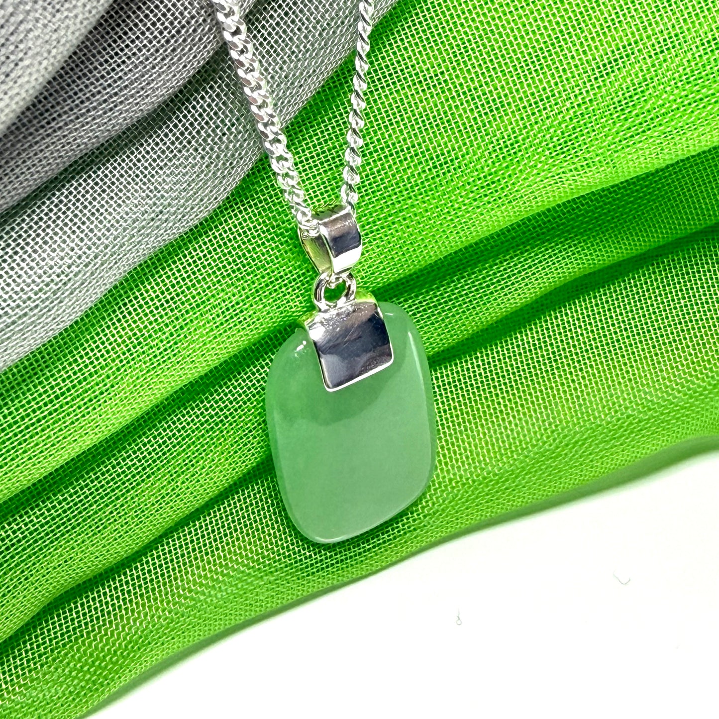 Cushion Shaped Silver Real Green Jade Necklace Pendant