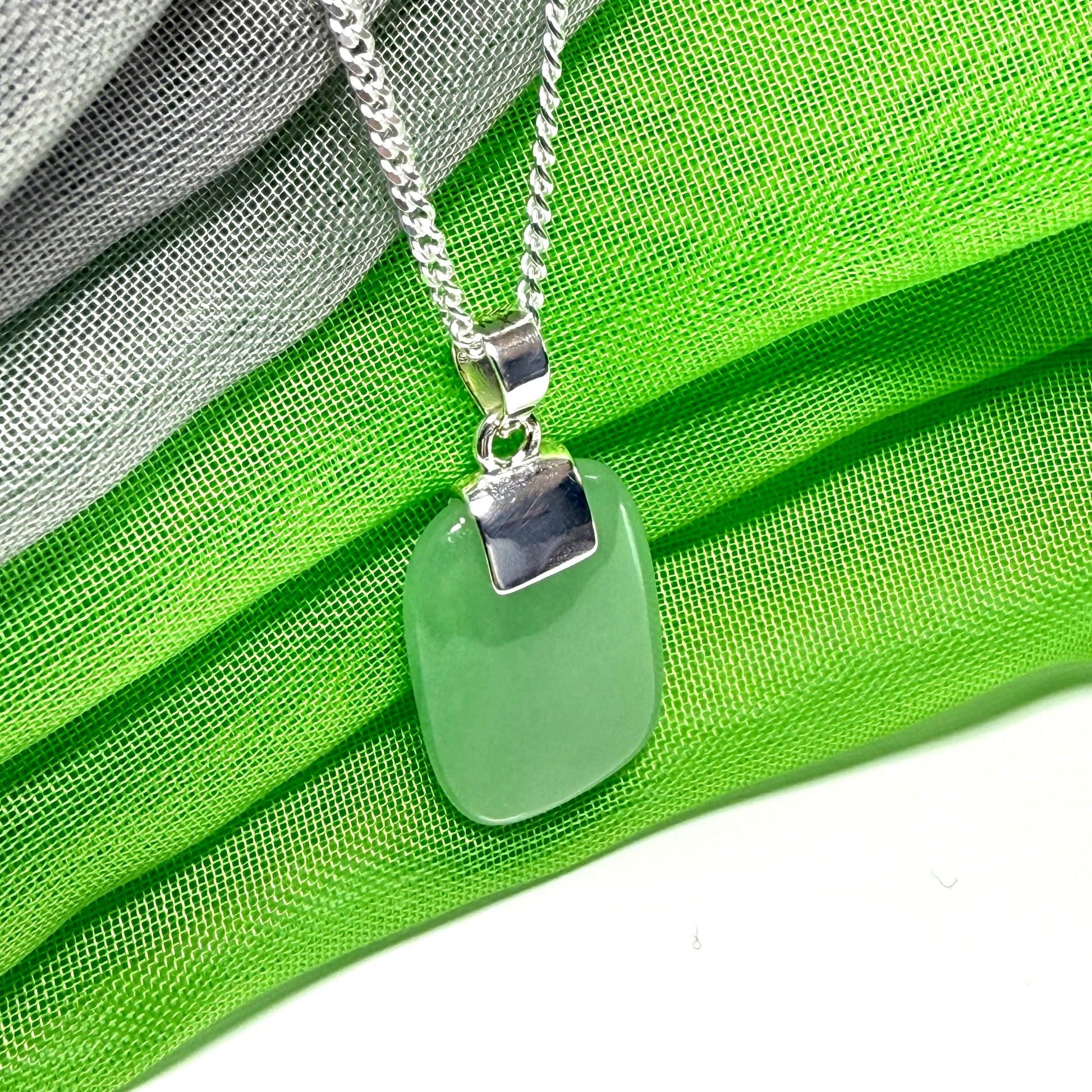 Cushion Shaped Silver Real Green Jade Necklace Pendant