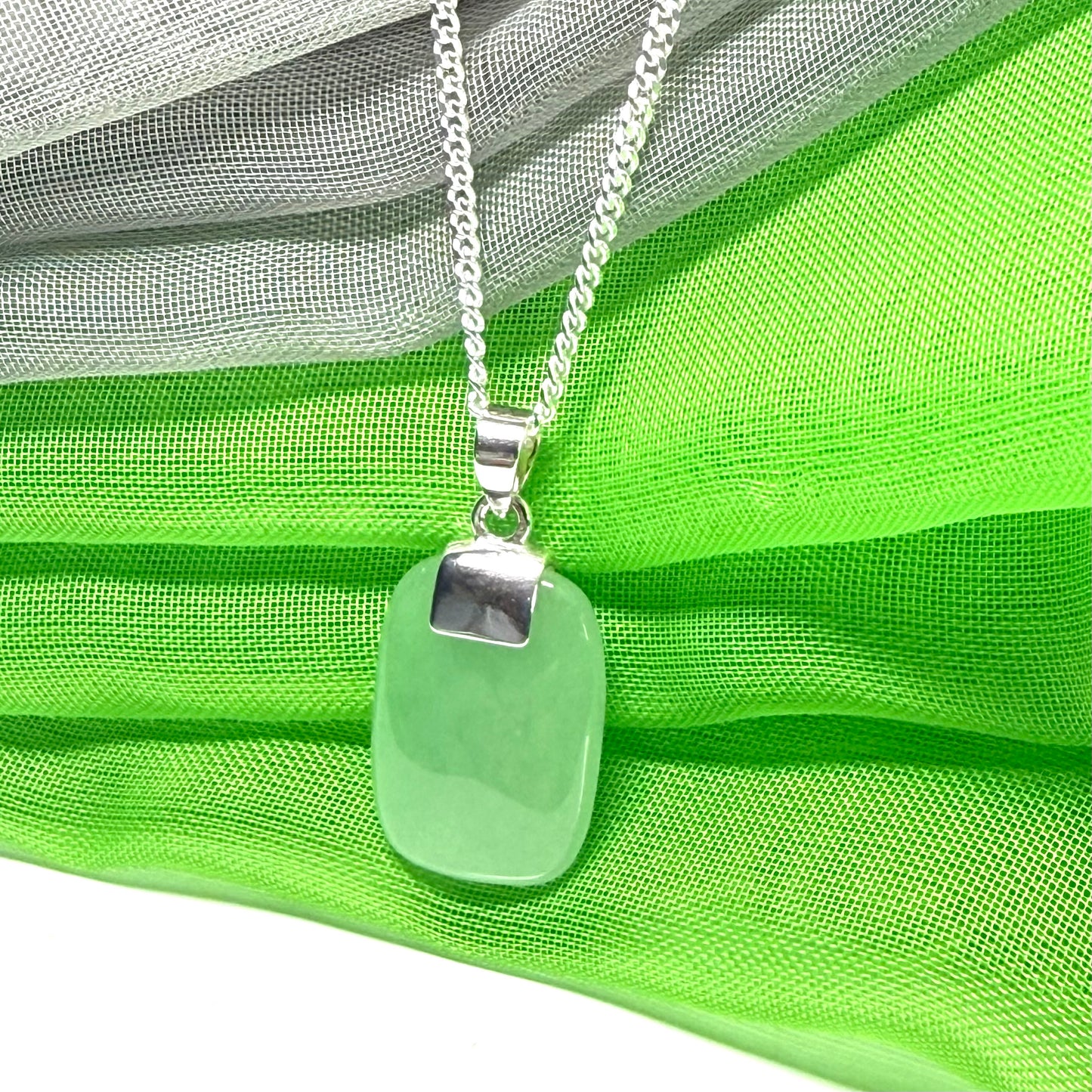 Cushion Shaped Silver Real Green Jade Necklace Pendant