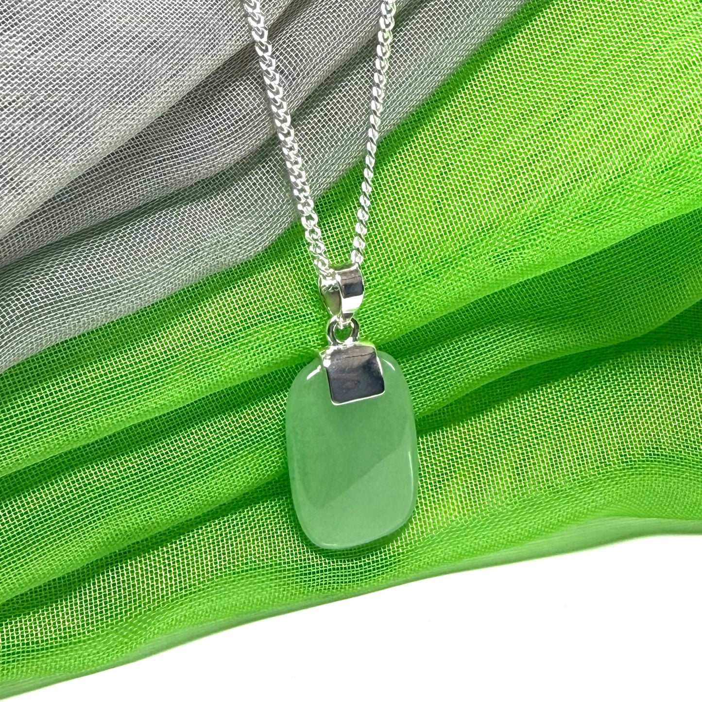 Cushion Shaped Silver Real Green Jade Necklace Pendant