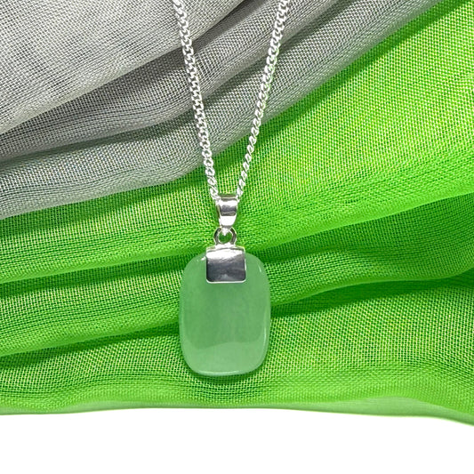 Cushion Shaped Silver Real Green Jade Necklace Pendant