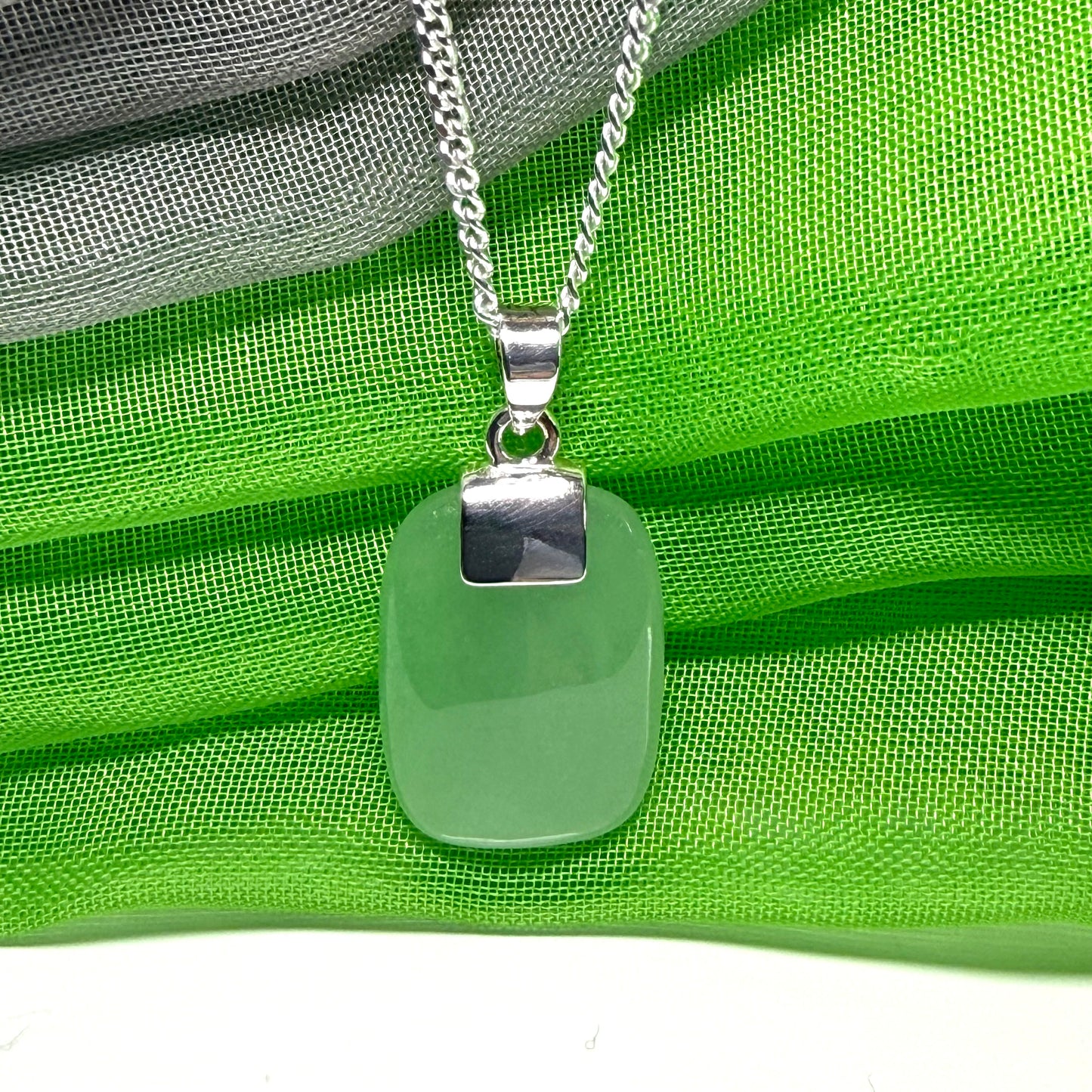   Cushion Shaped Silver Real Green Jade Necklace Pendant