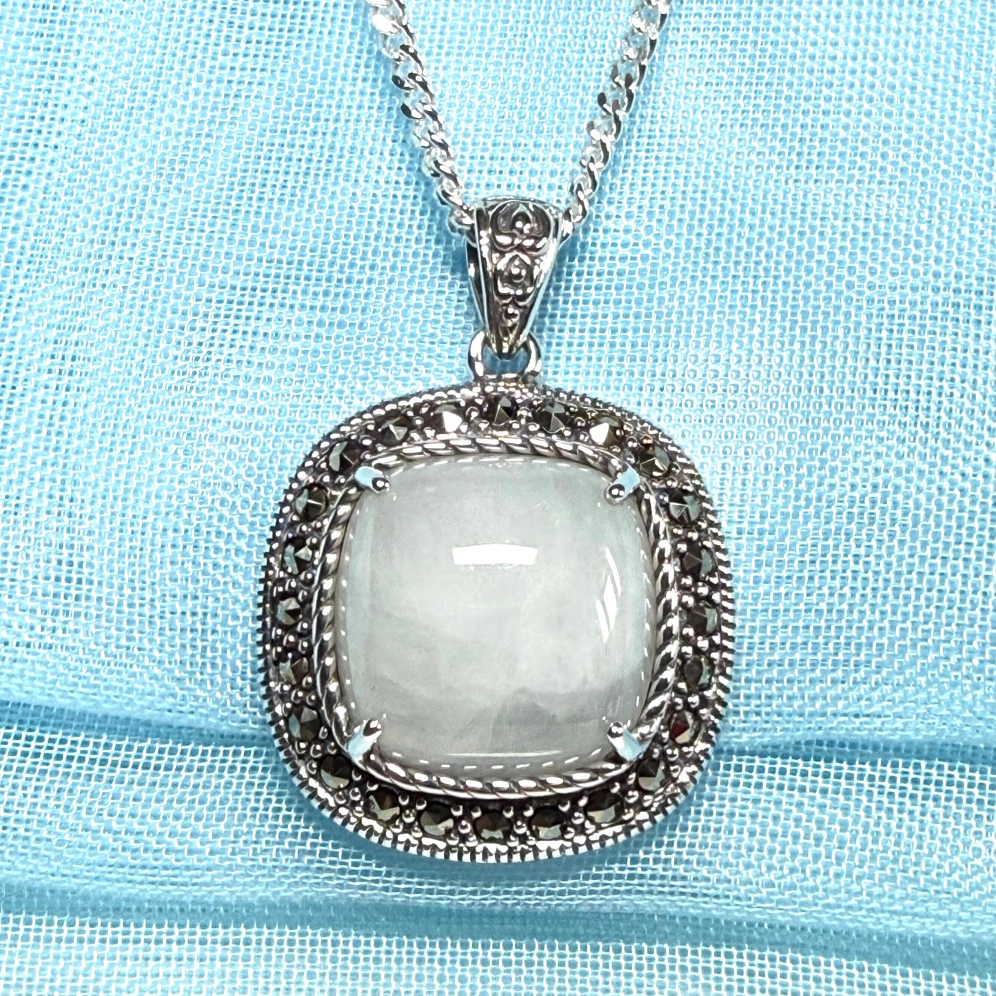 Cushion shaped silver green real jade and marcasite necklace pendant
