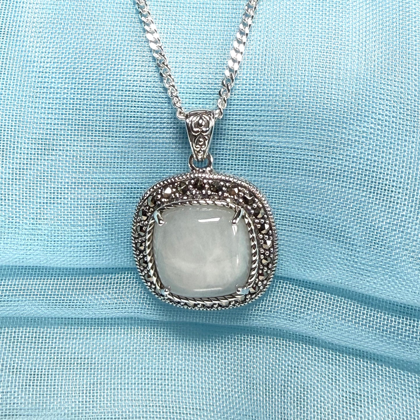 Cushion shaped silver green real jade and marcasite necklace pendant with chain