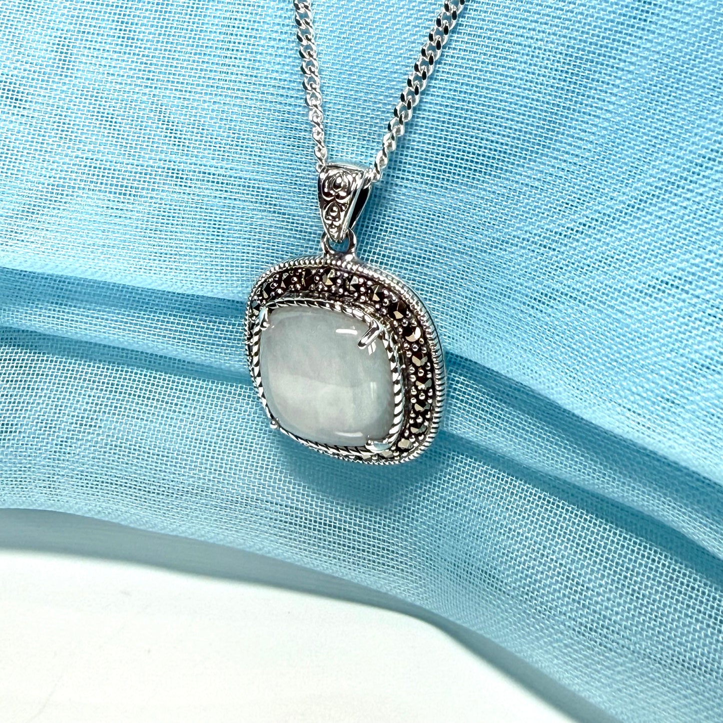 Cushion shaped silver green real jade and marcasite necklace pendant with chain