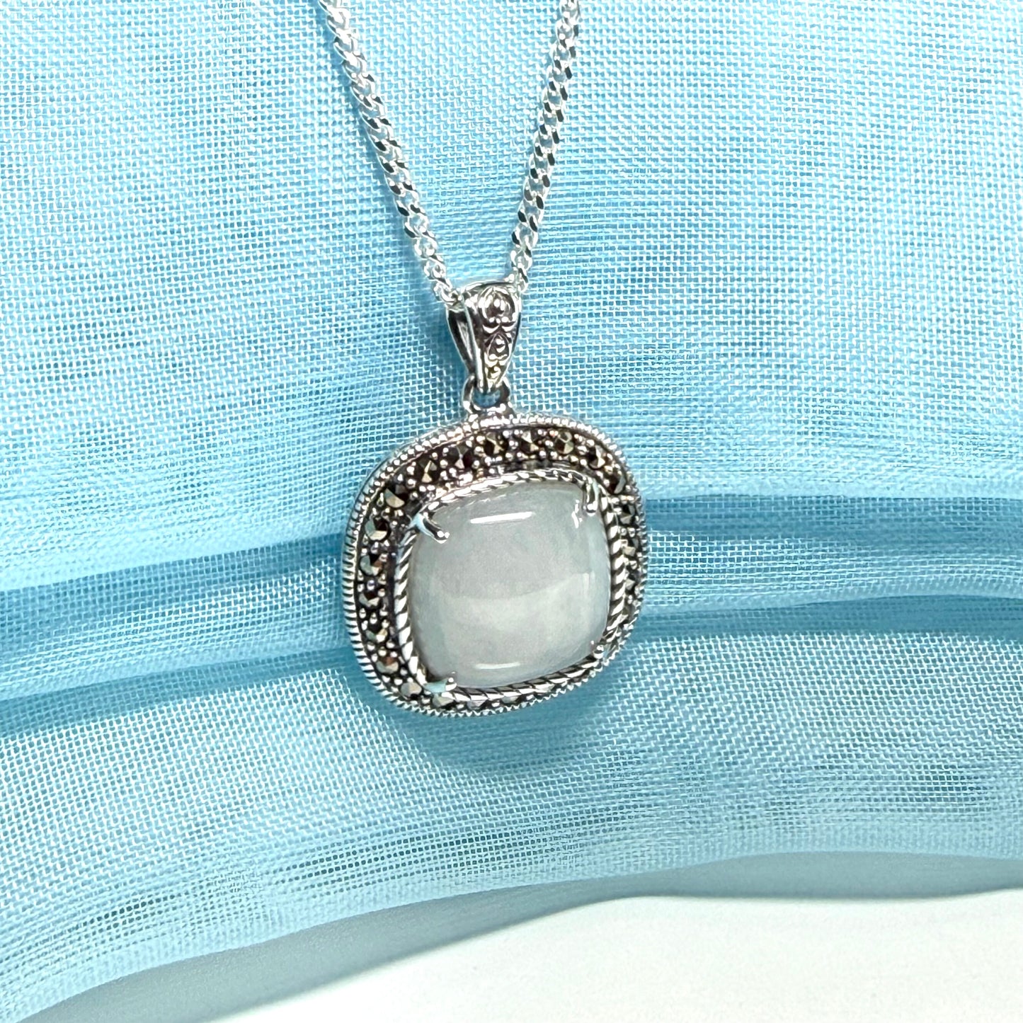 Cushion shaped silver green real jade and marcasite necklace pendant with chain included