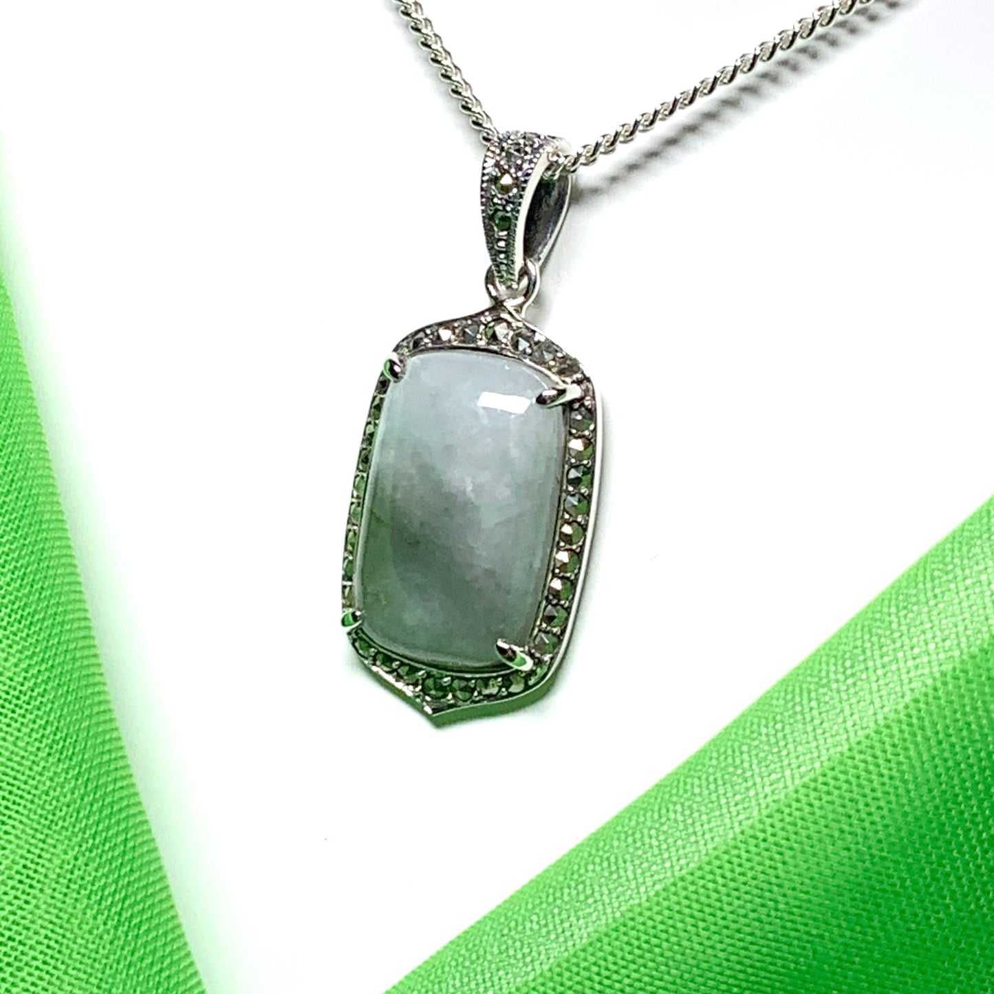 Long cushion shaped light green jade and marcasite silver necklace pendant