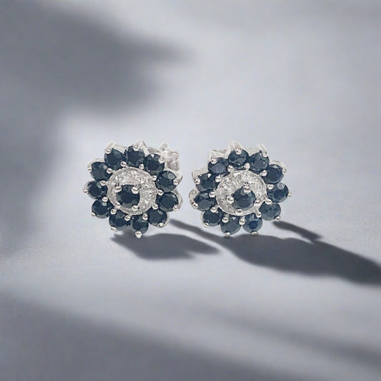 Dark Blue Round Sapphire And Diamond Sterling Silver Cluster Stud Earrings