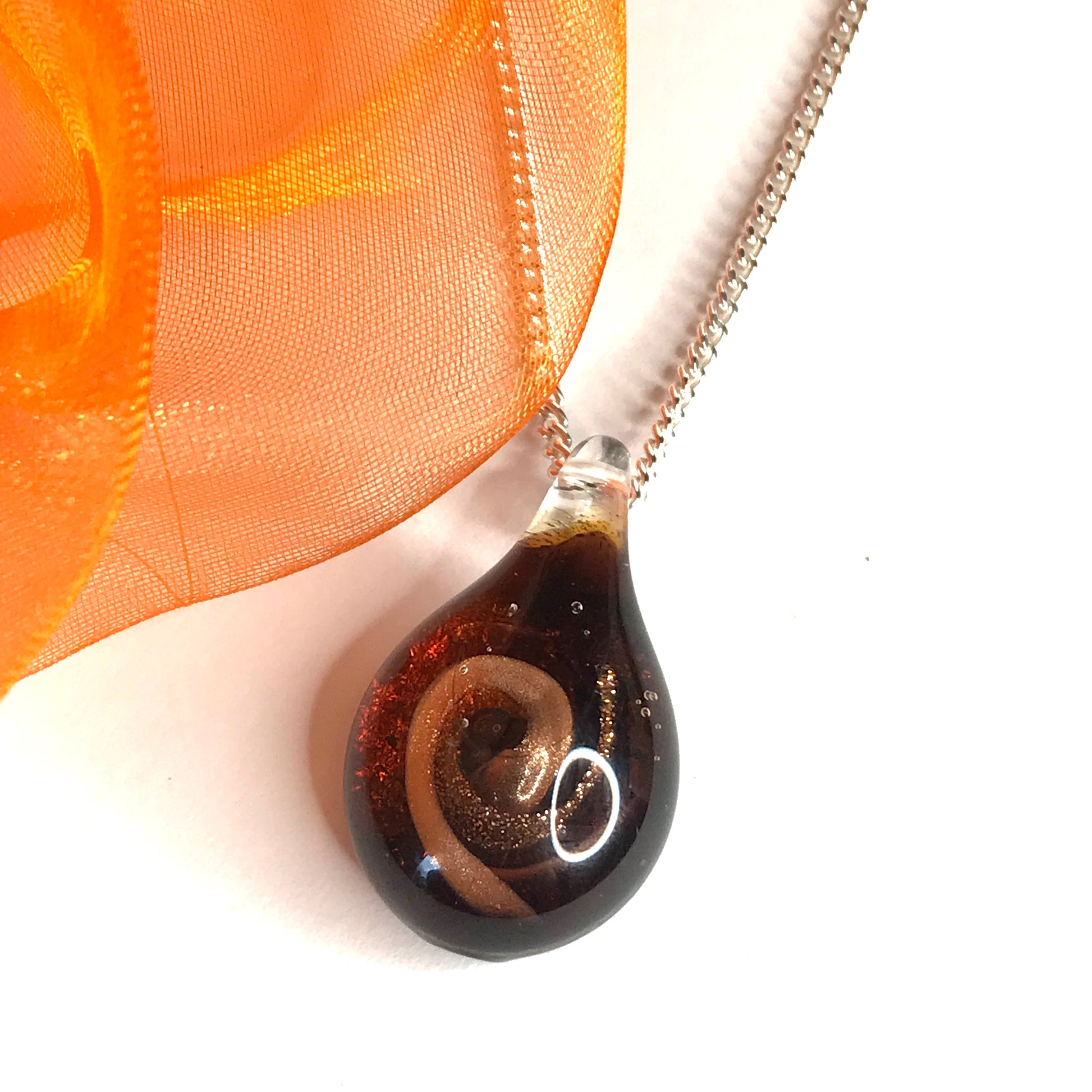 Dark amber coloured real Murano glass necklace tear drop pendant with chain