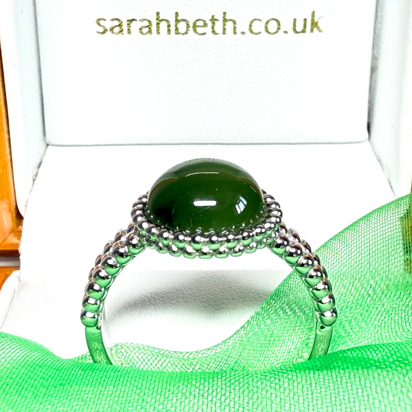 Dark green real jade ring round shape sterling silver patterned bobbled