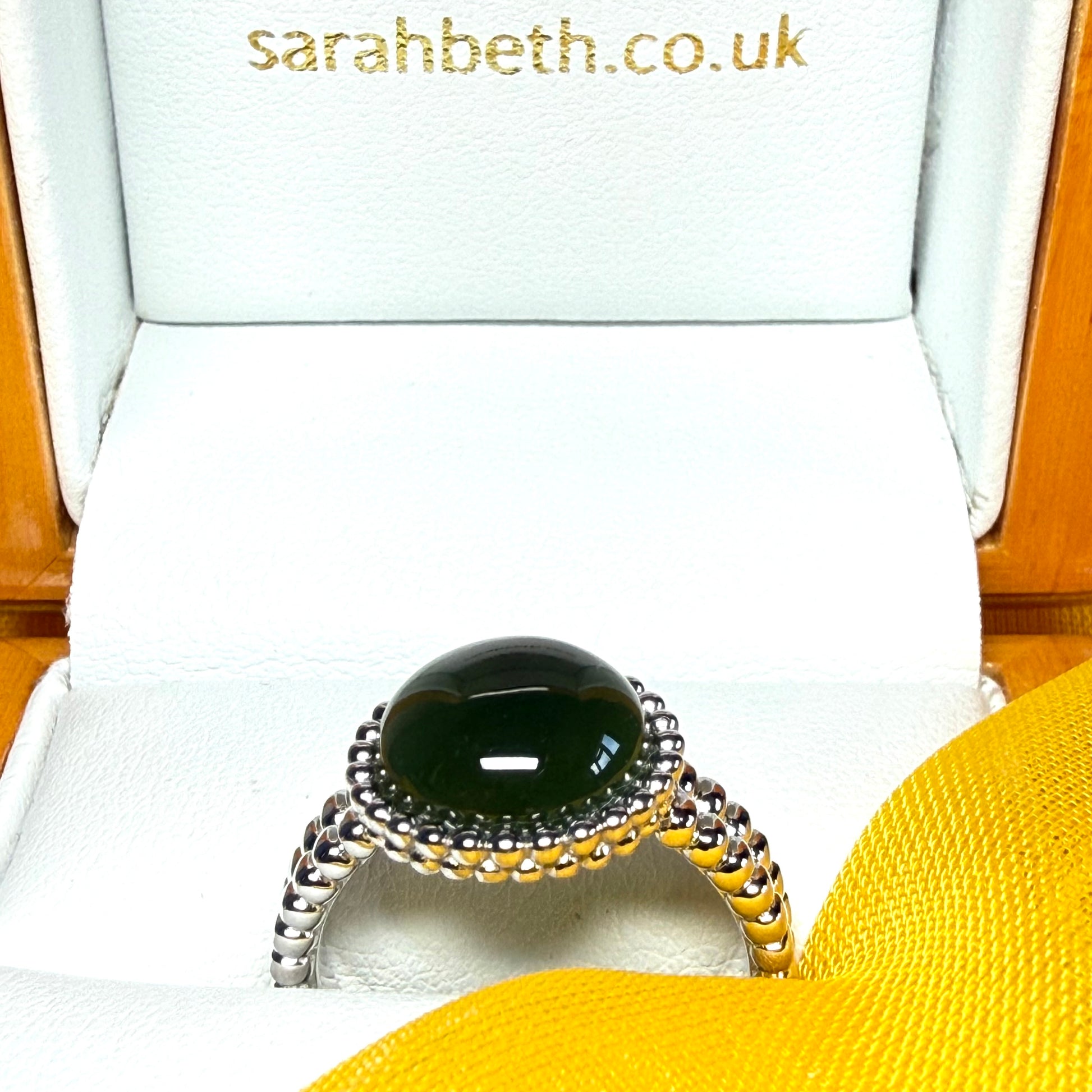 Dark green real jade ring round sterling silver patterned bobbled