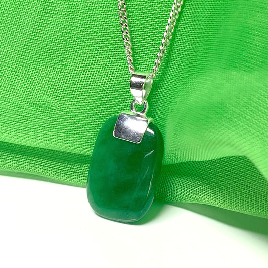 Real dark green jade cushion shaped silver necklace pendant