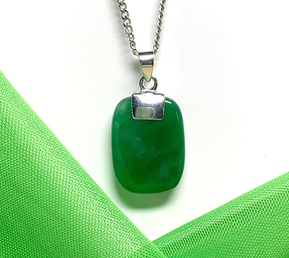 Real dark green jade cushion shaped silver necklace pendant