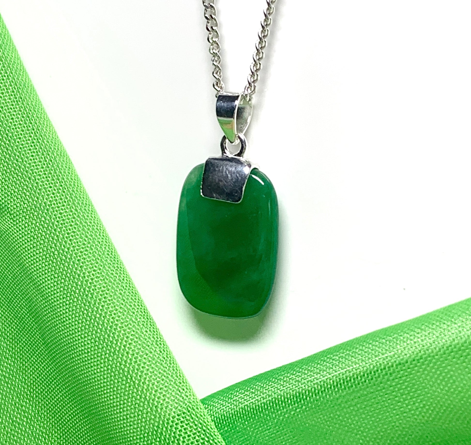 Real dark green jade cushion shaped silver necklace pendant