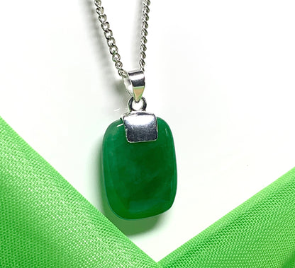 Real dark green jade cushion shaped silver necklace pendant