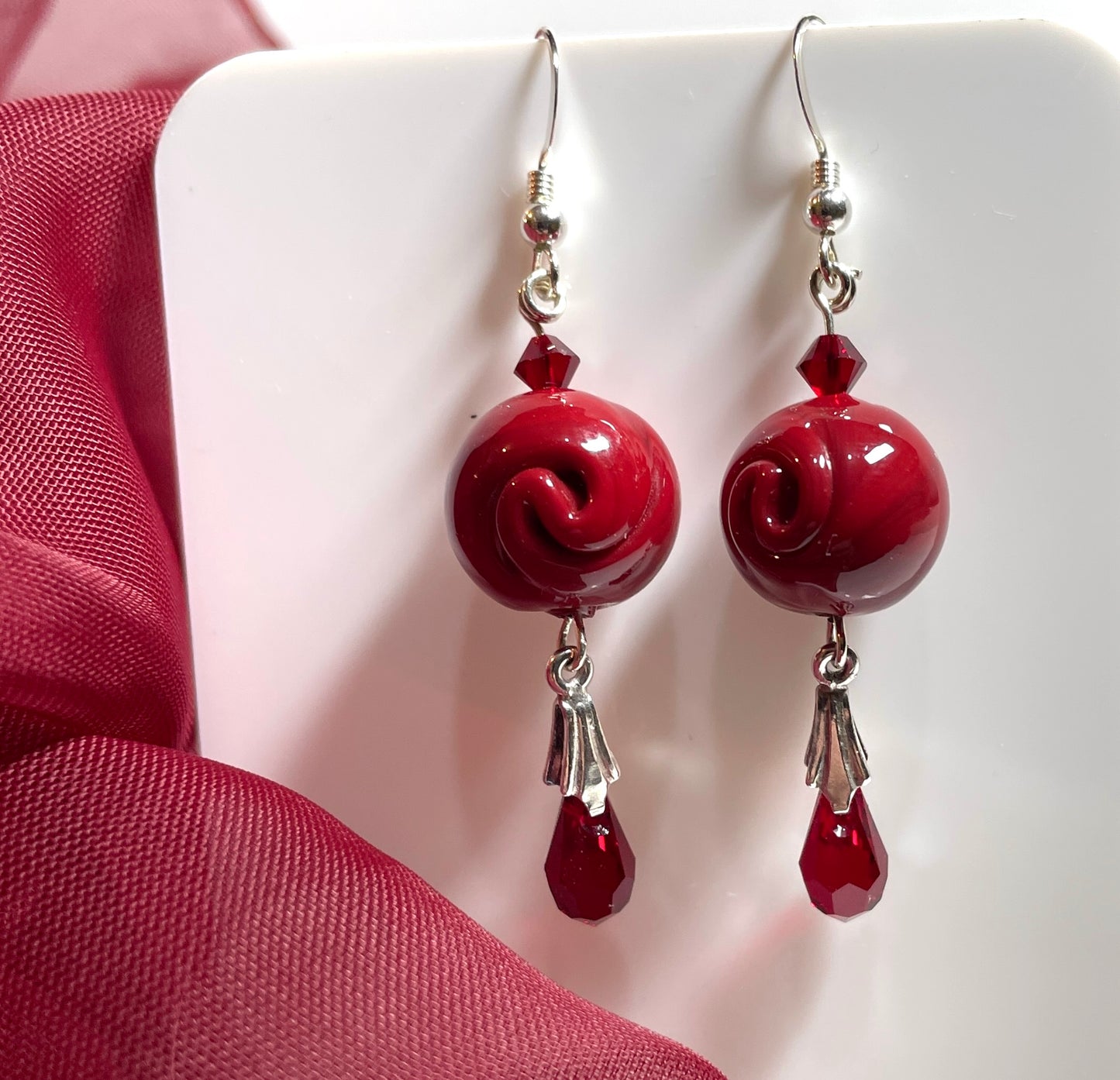 Rose Design Deep Red Murano Glass Drop Earrings