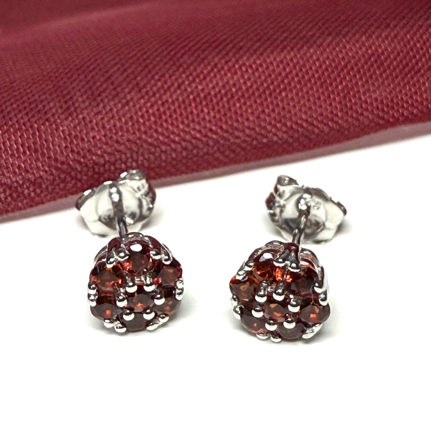 Deep red real garnet white gold daisy cluster stud earrings