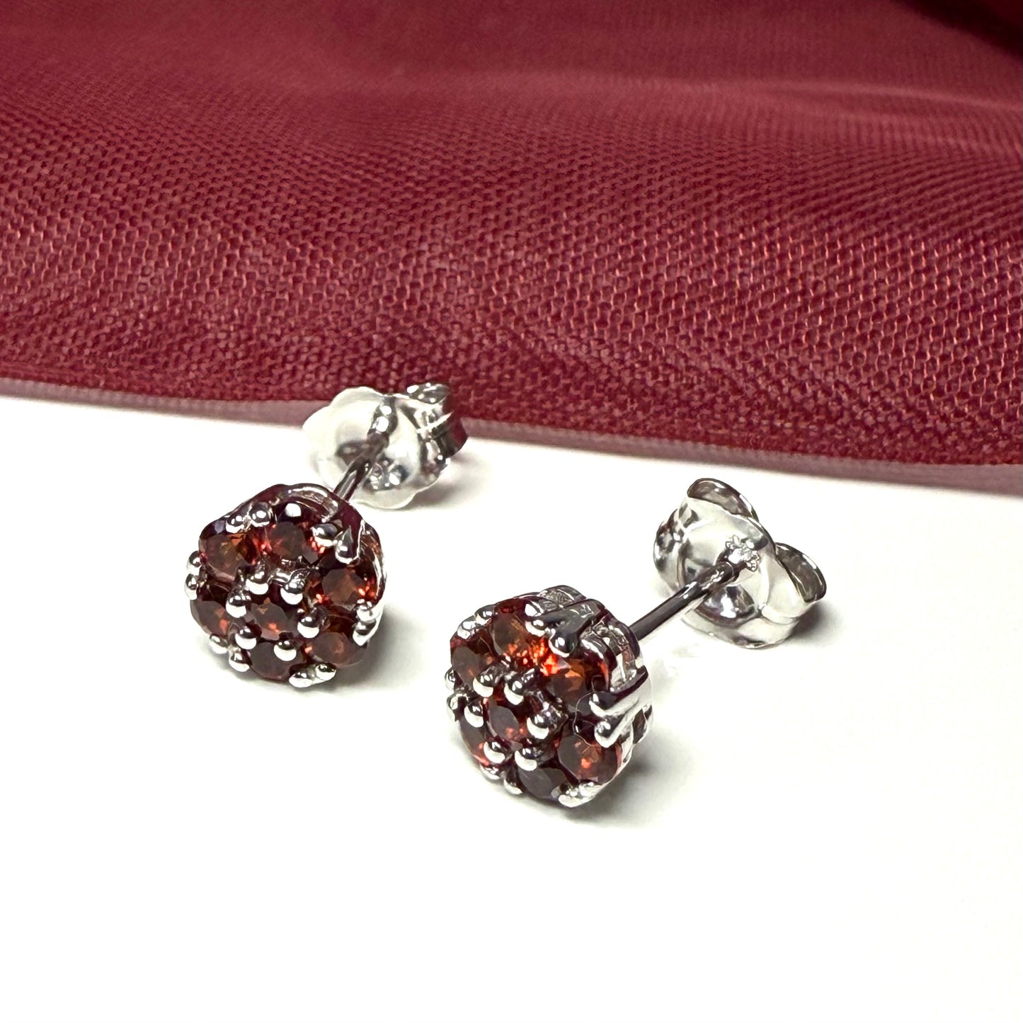 Deep red real garnet white gold daisy cluster stud earrings