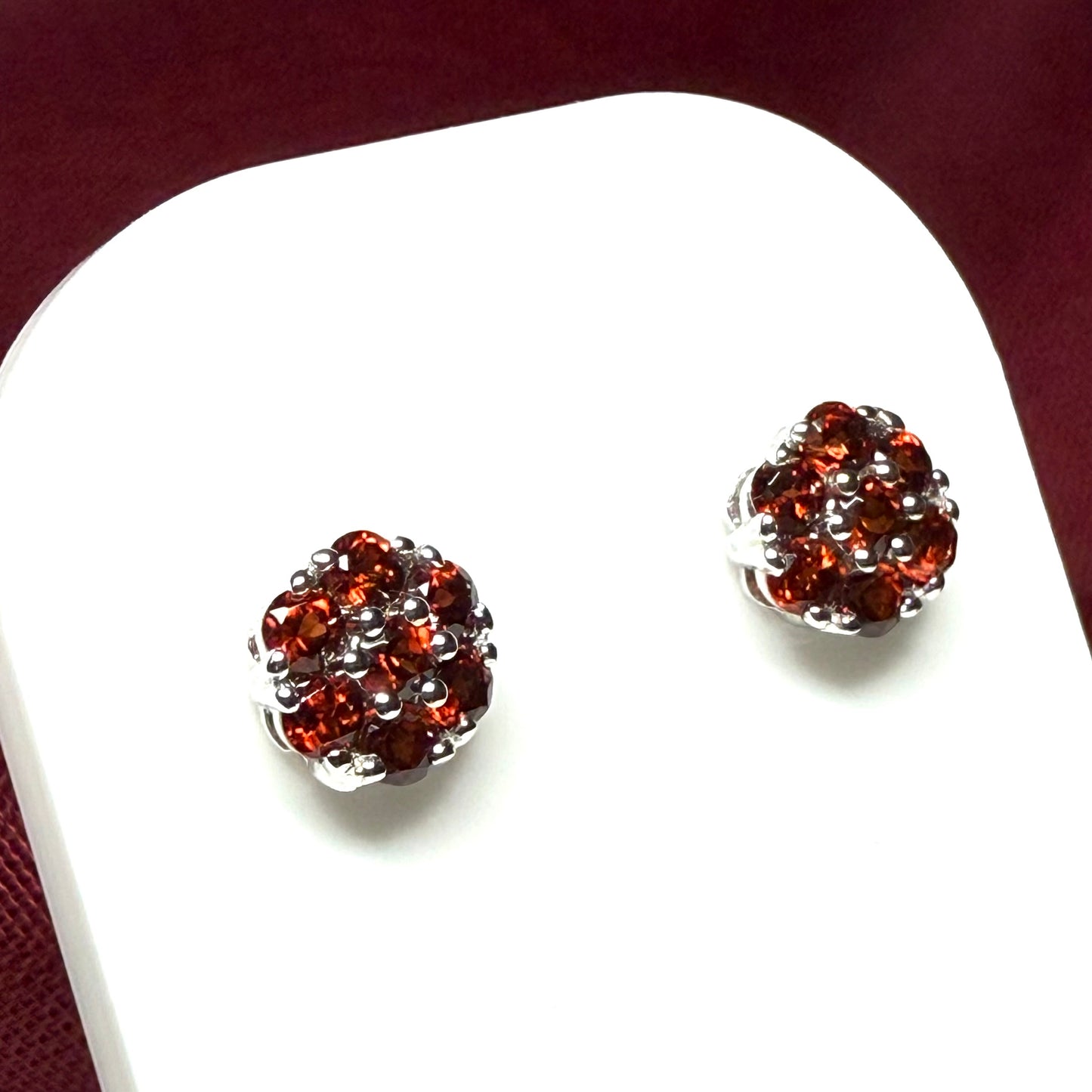 Deep red real garnet white gold daisy cluster stud earrings