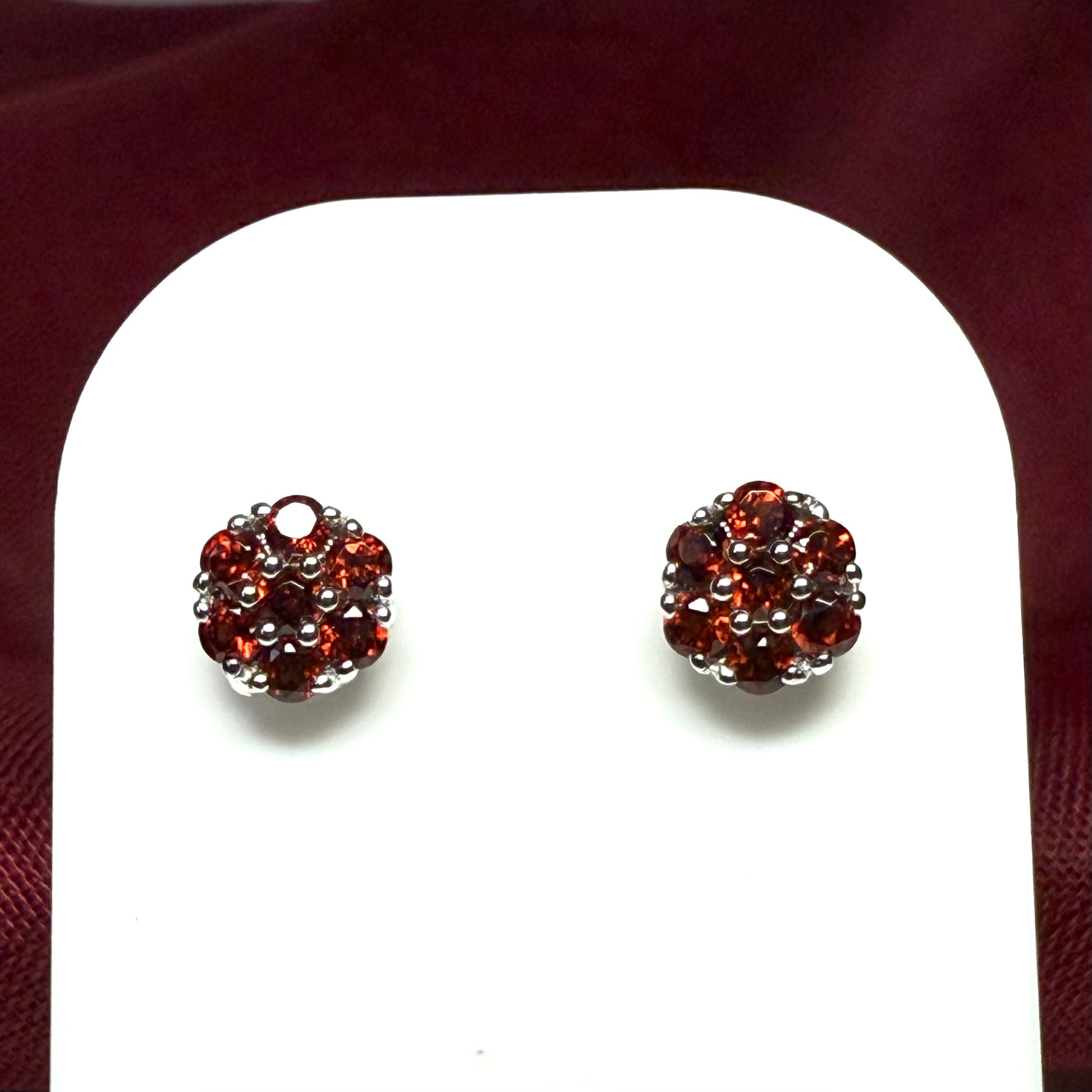 Deep red real garnet white gold daisy cluster stud earrings