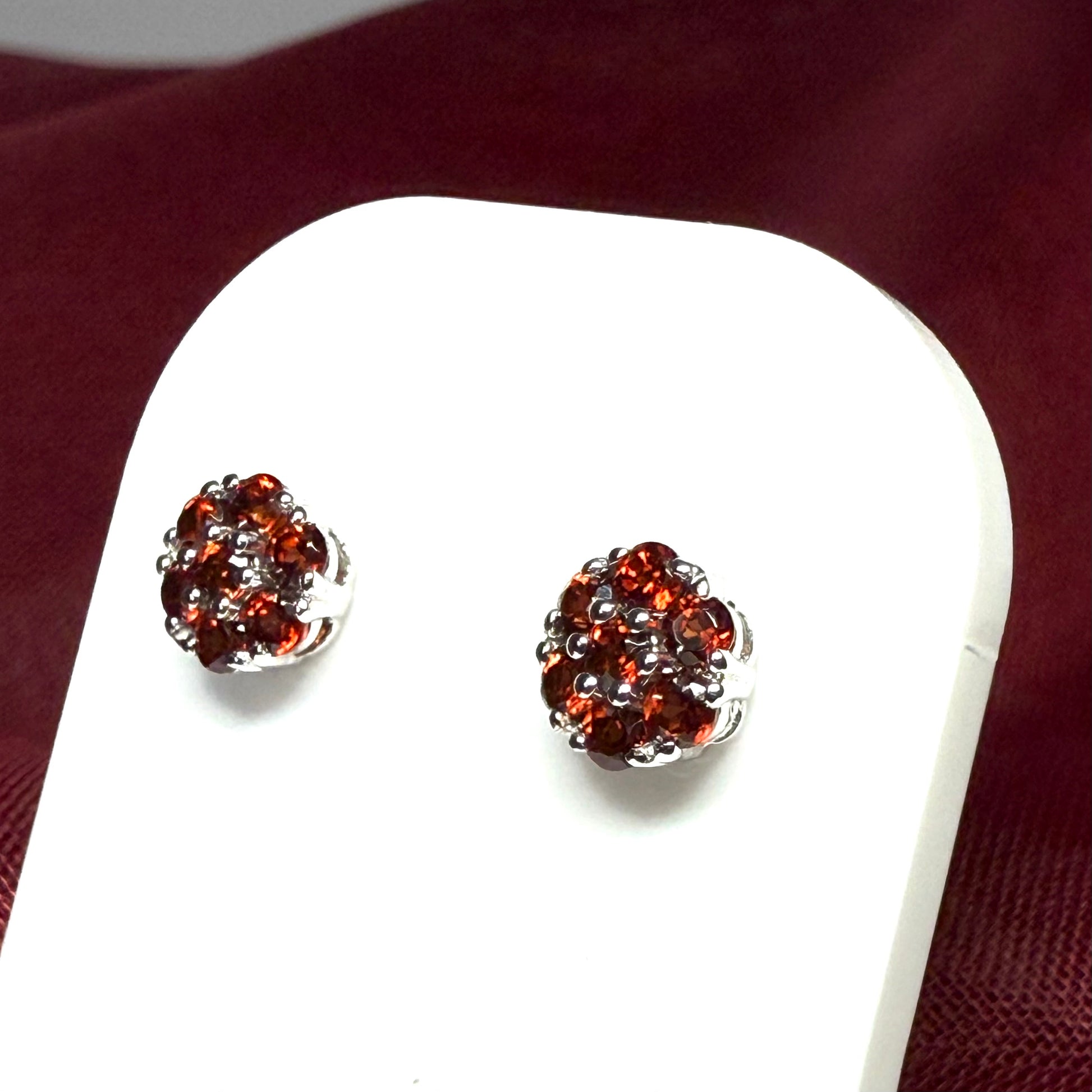 Deep red real garnet white gold daisy cluster stud earrings