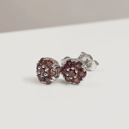 Deep red garnet white gold daisy cluster stud earrings