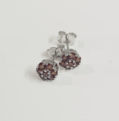 Deep red garnet white gold daisy cluster stud earrings