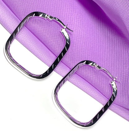 Diamond Cut Fancy Patterned Sterling Silver Square Hoop Earrings 36 mm