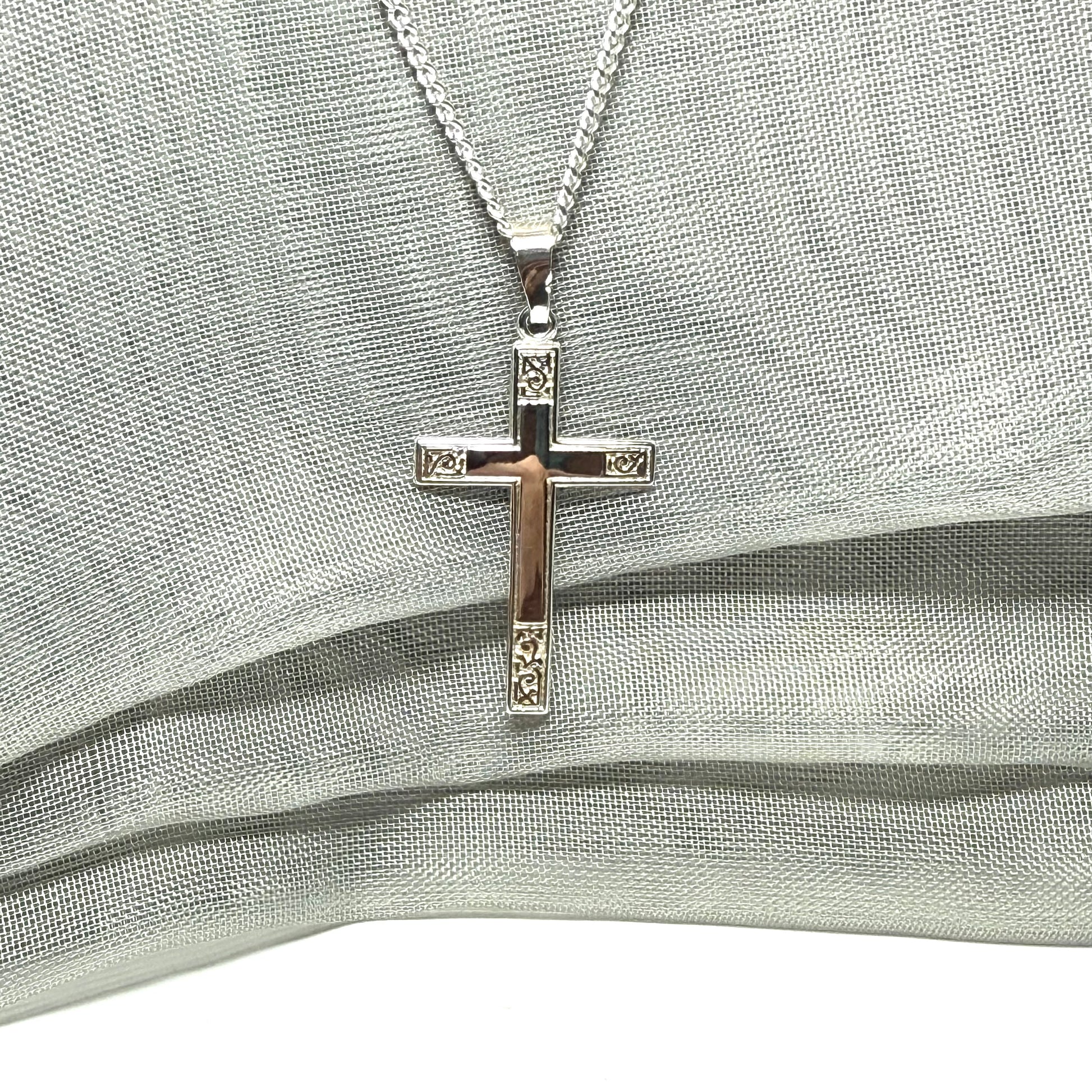Diamond Cut Solid Sterling Silver Patterned Cross With Chain