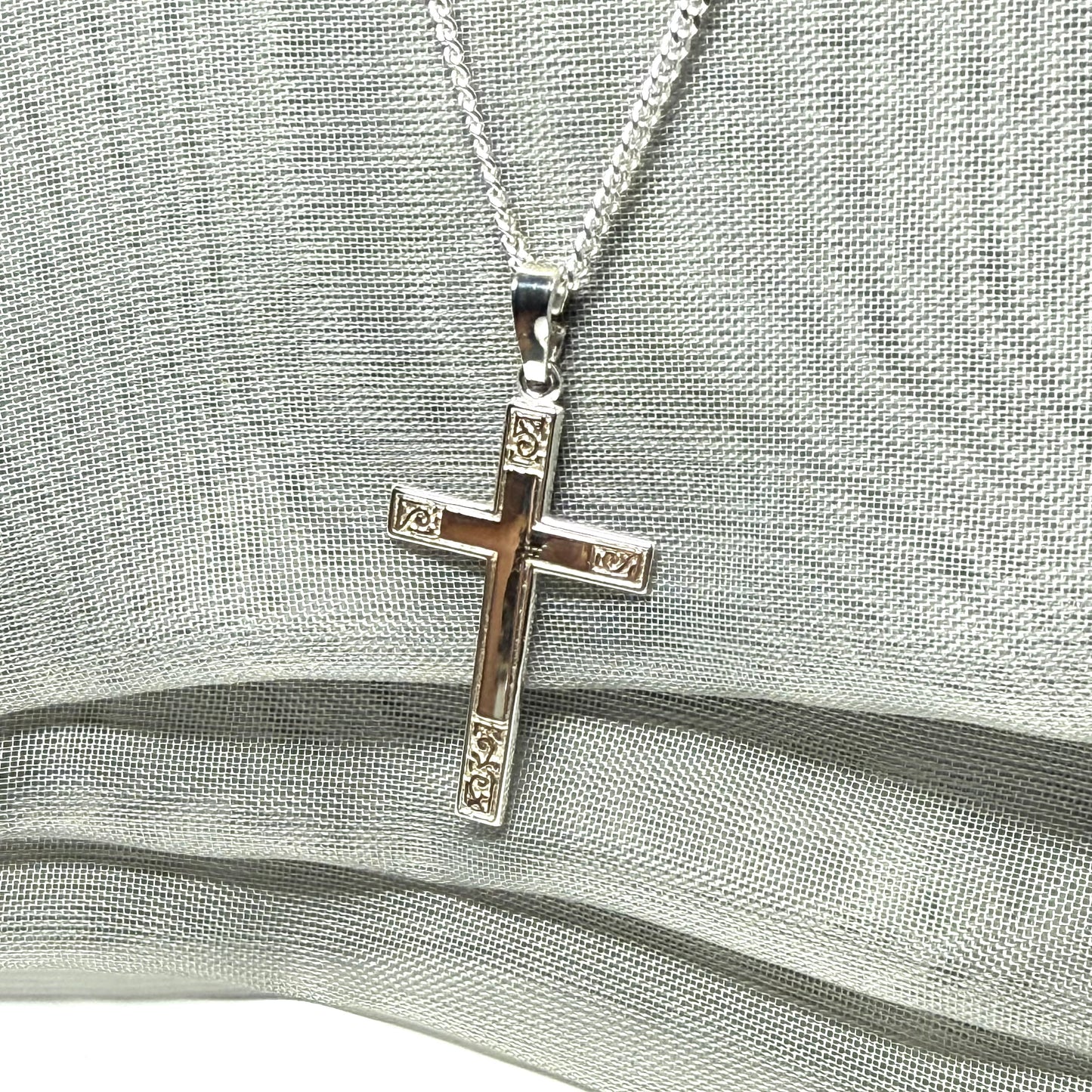 Diamond Cut Solid Sterling Silver Patterned Cross With Chain