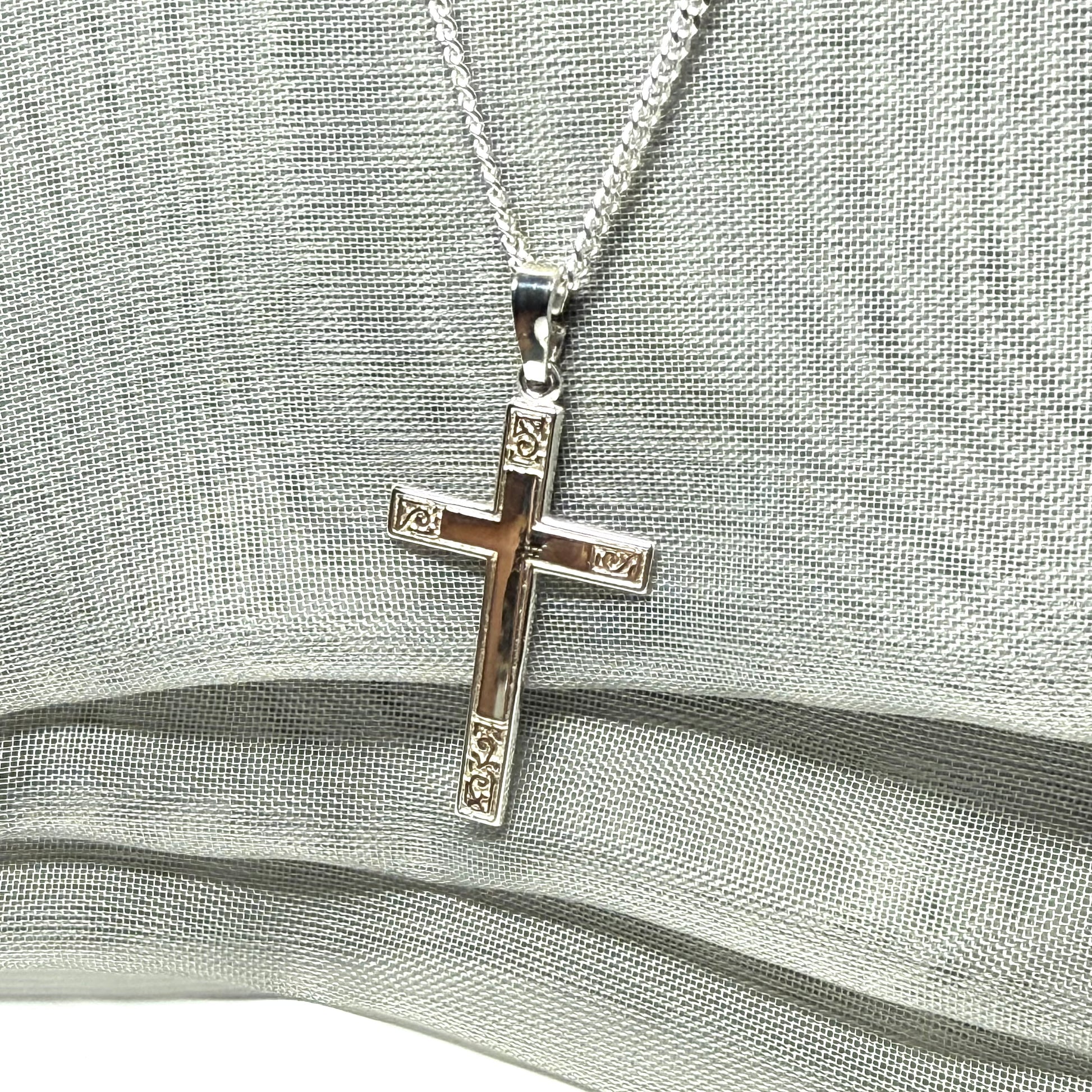 Diamond Cut Solid Sterling Silver Patterned Cross With Chain