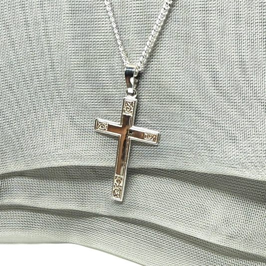 Diamond Cut Solid Sterling Silver Patterned Cross With Chain