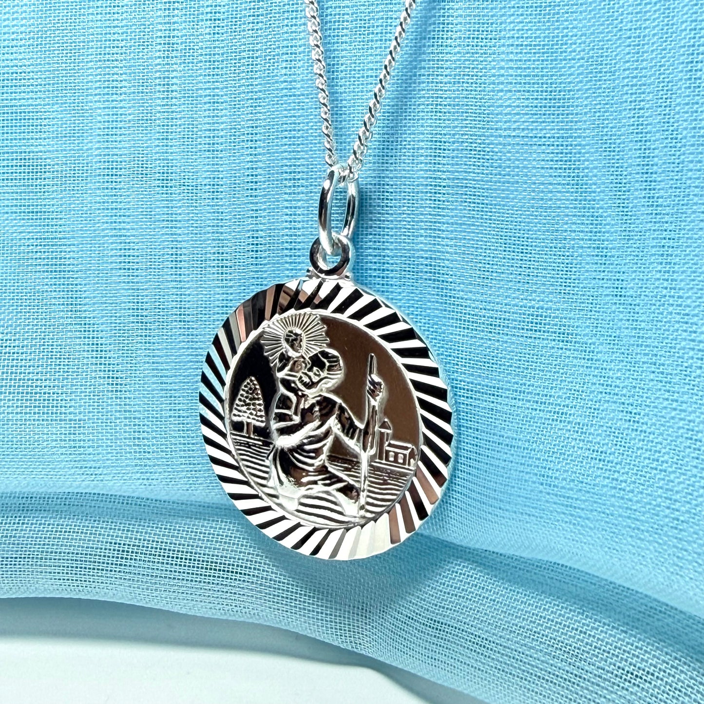 Diamond Cut Solid Sterling Silver St. Christopher Necklace