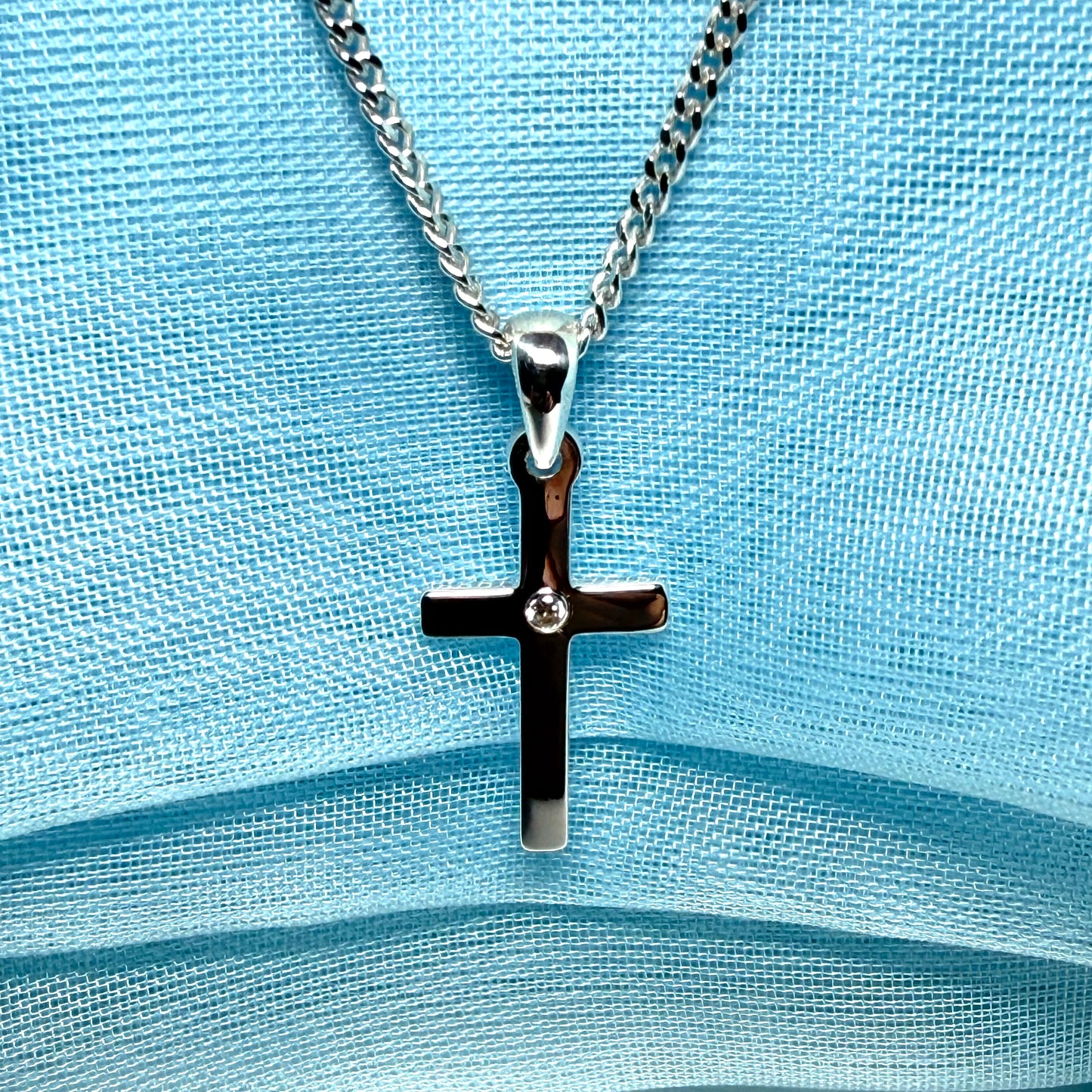 Diamond set cross solid sterling silver polished necklace