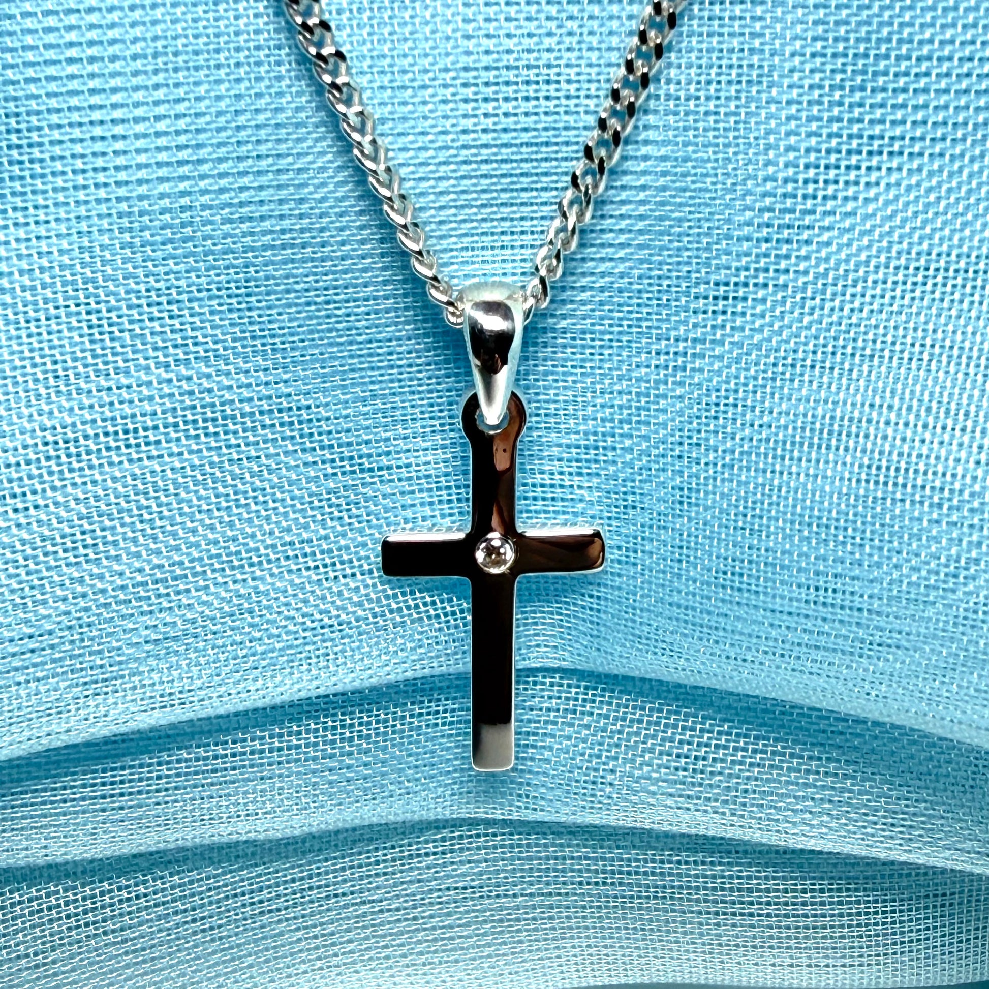 Diamond set cross solid sterling silver polished necklace