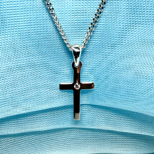 Diamond set cross solid sterling silver polished necklace